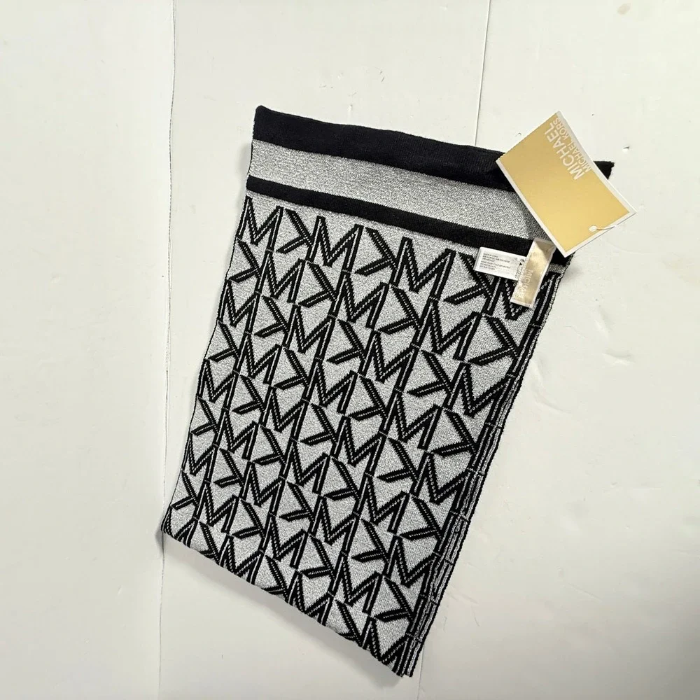 Michael Kors New Black Silver Metallic Monogram Logo‎ Knit Scarf 90 Y2K fairy
